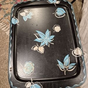 Vintage Black Tray with Blue Floral Design